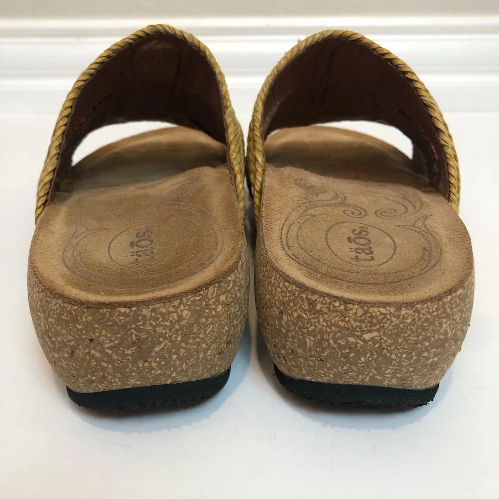 Taos Footwear Woven Slide Sandals in Yellow, Coral & Brown